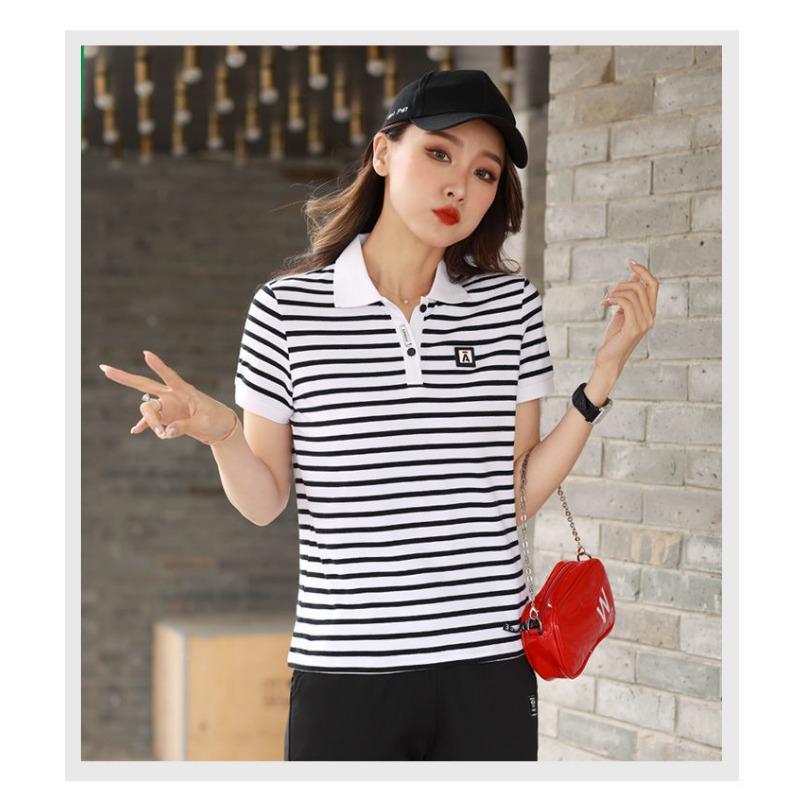 YYFS Damemote Uformelt sommer Vår Stripe Print Kortermet POLO-hals bluser og skjorter