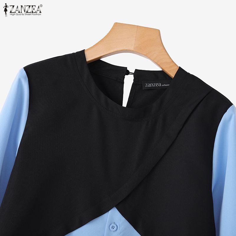 ZANZEA Women Casual Round Neck Long Sleeve Loose Patchwork Blouse