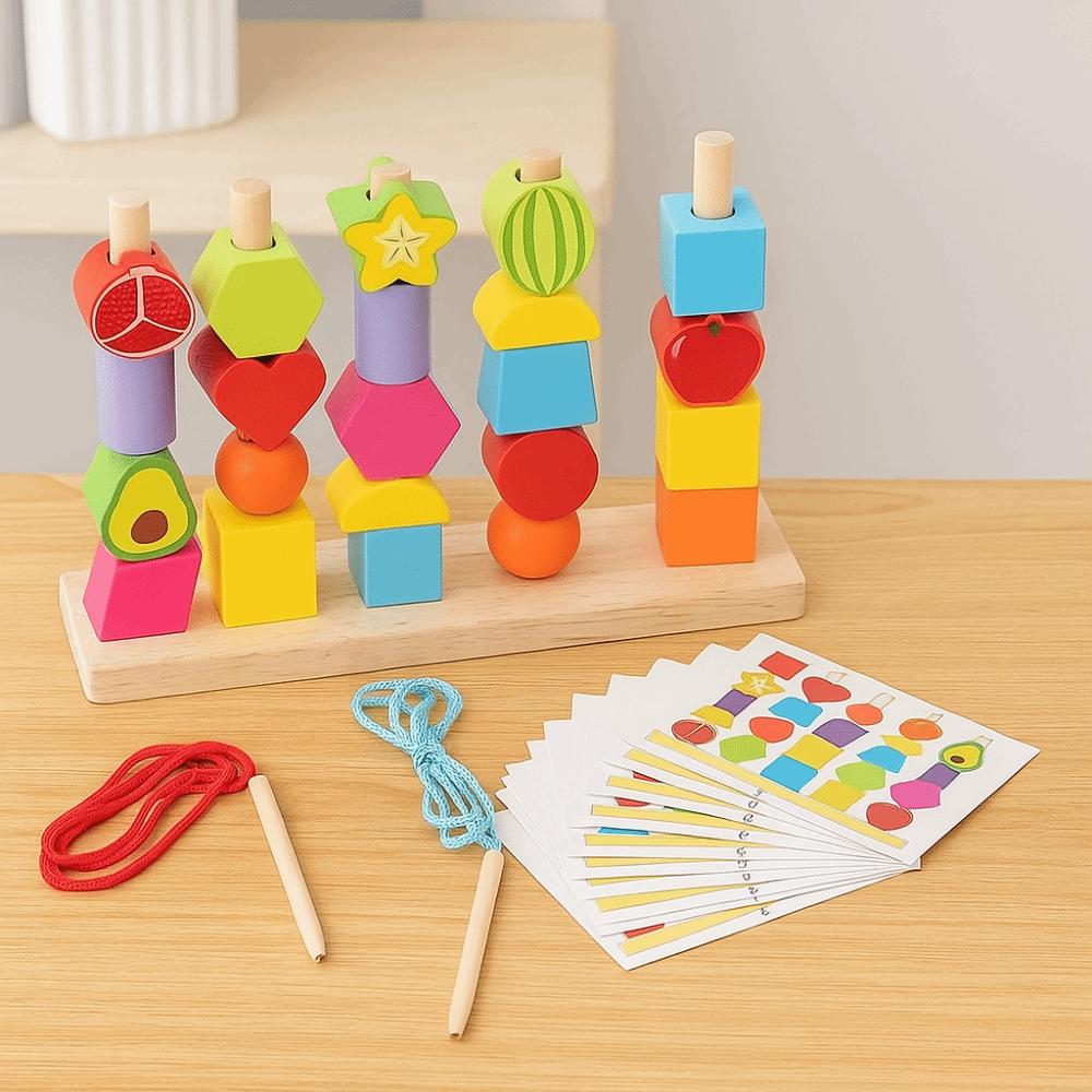 Montessori Color Shape Cognition Toys Fruit Color Shape Wooden Beads Sequencing Toy  Boys Girls