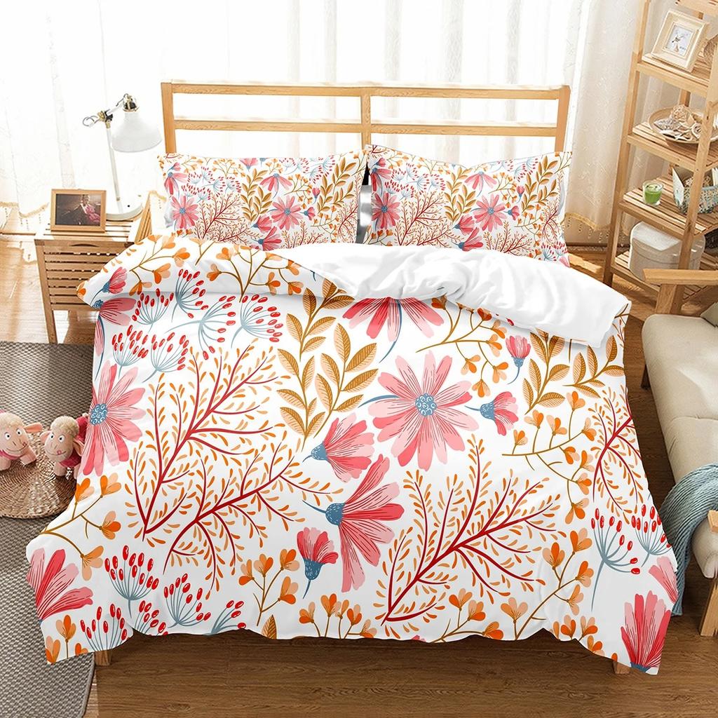 Hibiscus Floral Duvet Cover Twin King Size Tropical Palm Leaves Bedding Set,Botanical Flower Comforter Cover for Girl Teen Room