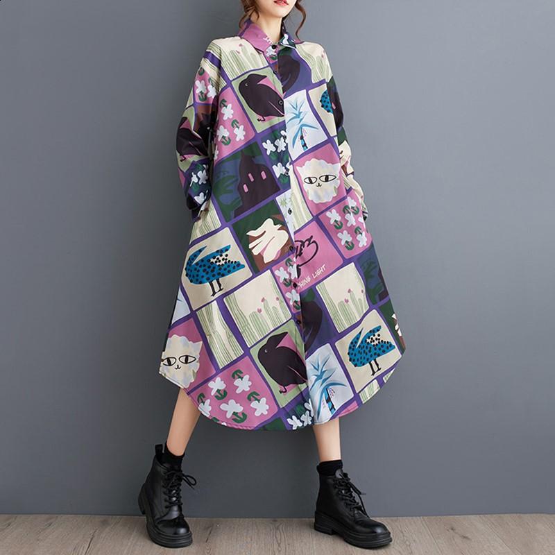 

Новые винтажные платья с цветочным принтом больших размеров с длинным рукавом для женщин, повседневное свободное весенне-осеннее платье-рубашка фиолетовый