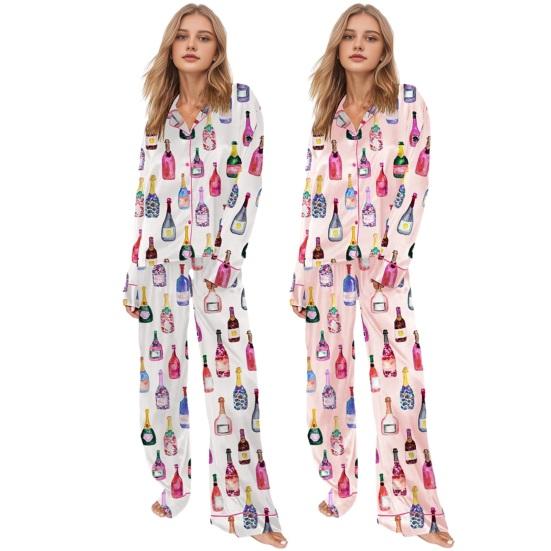 Women's Champagne Bottle Pajamas Set Long Sleeve Button Down Shirt And Pants Sleepwear Set Casual Wine Glasses Print 2 Piece Homewear Set