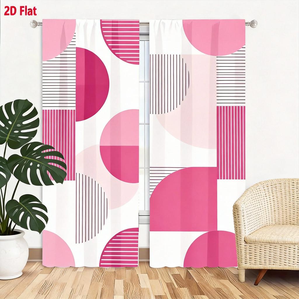 Geometric pattern curtain 2 pieces semicircle and lines on cream background, modern minimalist home decoration