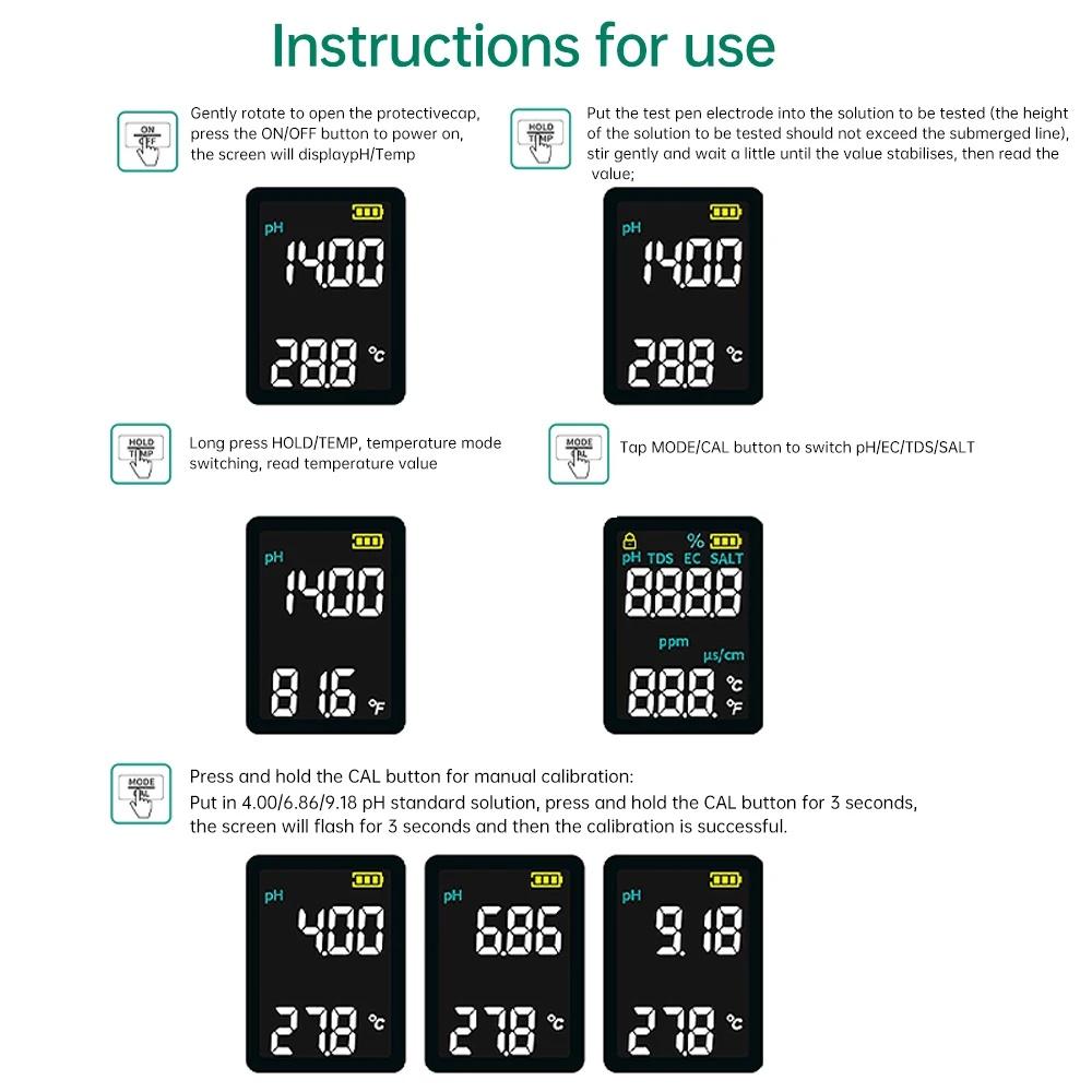 Digital PH Meter 5 In 1 PH/EC/TDS/SALT/TENP Meter Water Quality Tester for Swimming Pool 9999 PH Detector Digital Chlorine Meter
