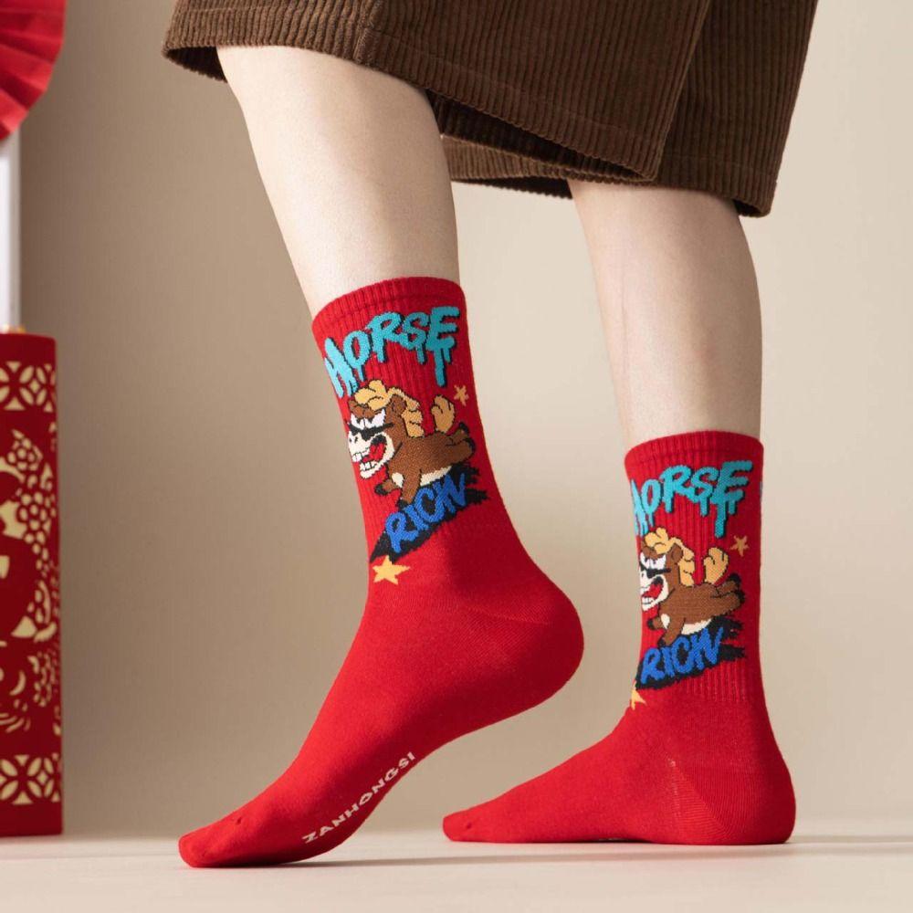 Chinese Culture Year of The Horse Socks Cartoon Red Cotton Socks Zodiac Year Socks Winter Autumn