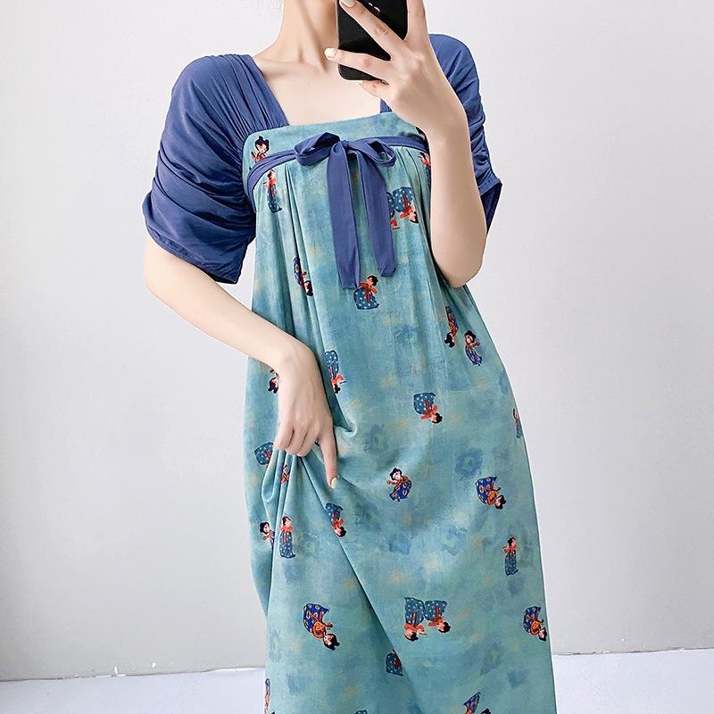 Women's nightgown thin short-sleeved printing light luxury simple breathable casual loungewear long skirt can be worn outside