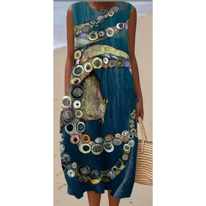 LYRIA 3D-Druck Rundhals Leichtes Kleid Ärmellos Sommer Strandkleid Lässig Mode A-Linien-Kleid Damen Elegante Blumenkleider