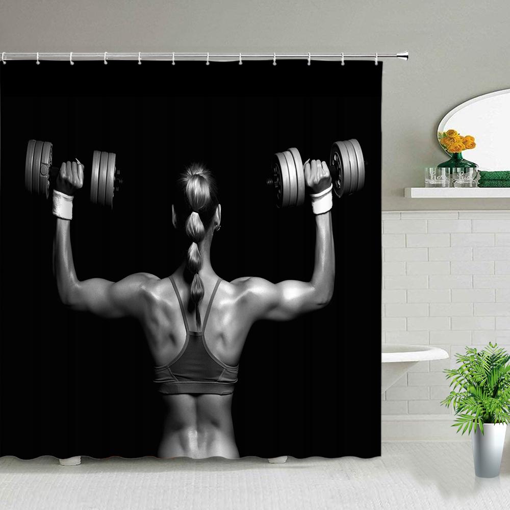 

Bathtub Decor Shower Curtains Sexy Fitness Man And Woman Good Body Shape Gym 3D Printing Waterproof Fabric Bathroom Curtain Set W60H190(CM)-1 Pcs