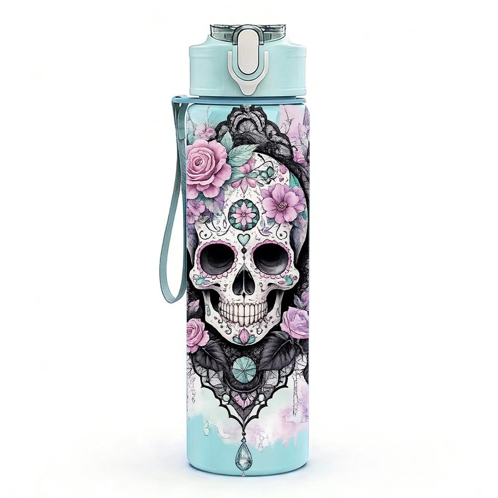 1PC Rose Sugar Skull Dark Floral Art 750ml Color Plastic Sports Water Bottle Leakproof Flip Straw Lid Suitable for Sports Office Home Use