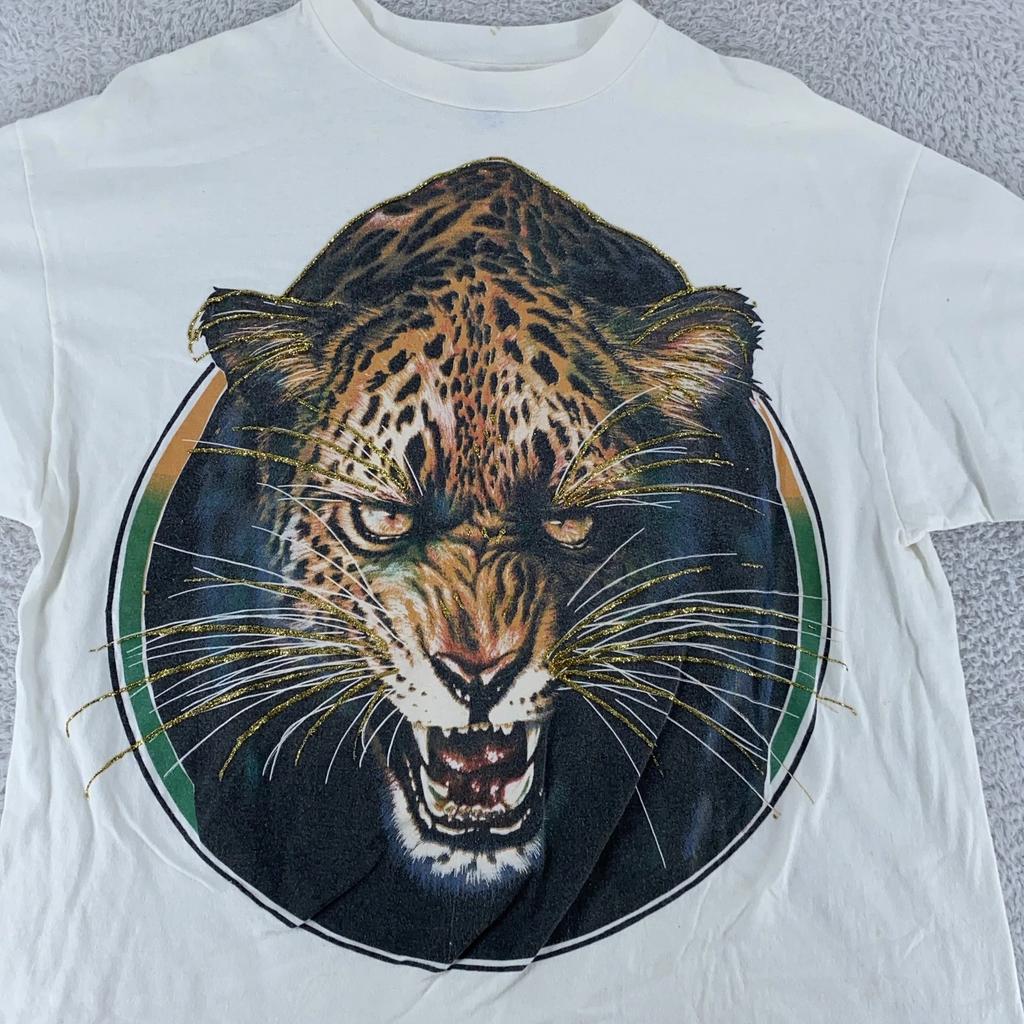 Vintage Leopard Glitzer Grafik Shirt Herren Groß Tierprint Natur 90er Jahre T-Shirt USA
