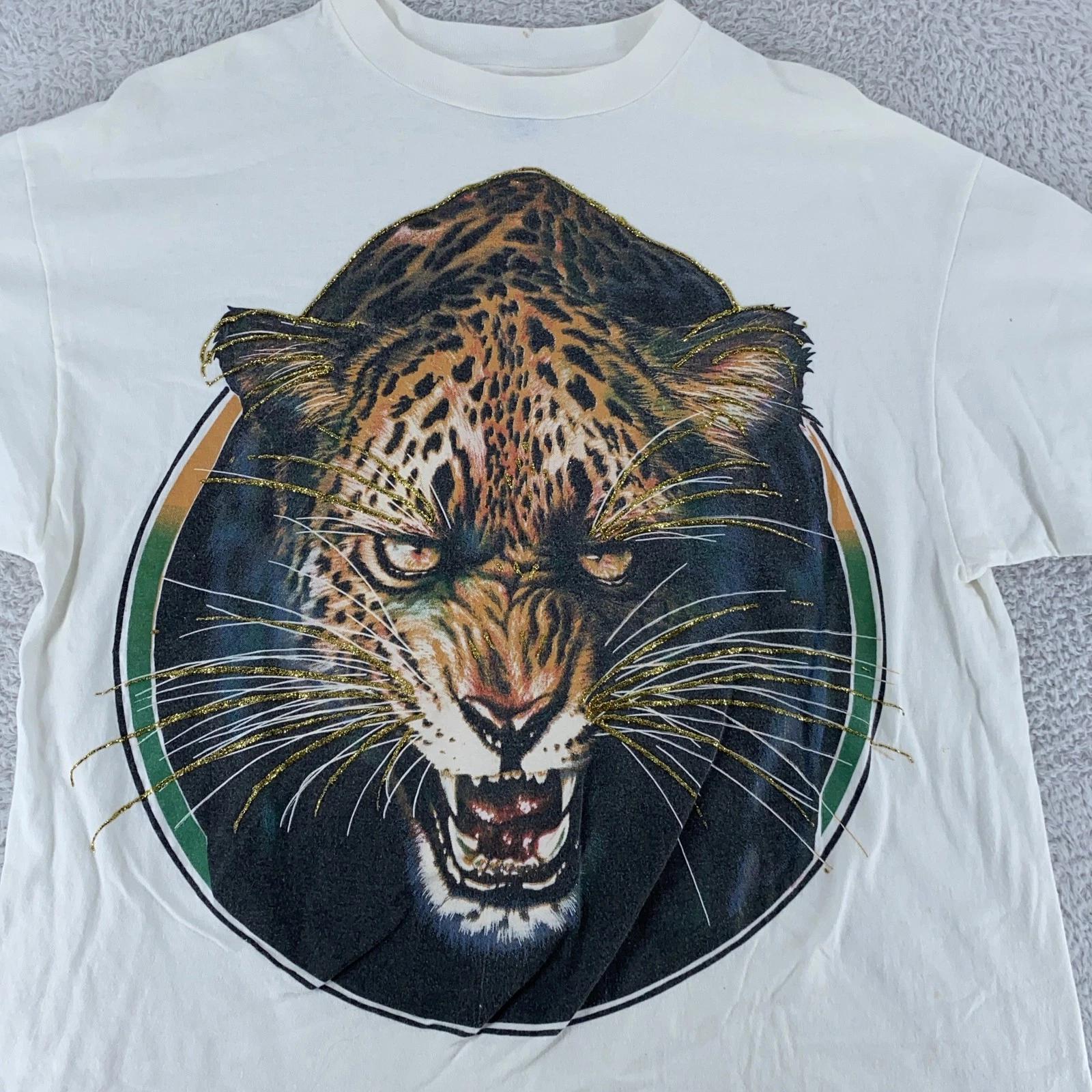 Vintage Leopard Glitter Graphic Shirt Mens Large Animal Print Nature 90s Tee USA 2XL