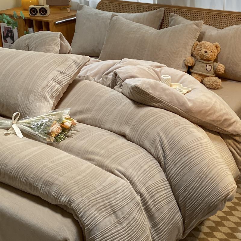 Double-Sided Thickened Milk Coral Fleece Bed Four-Piece Set Fleece Quilt Cover Coral Flannel Bed Sheet Bedding