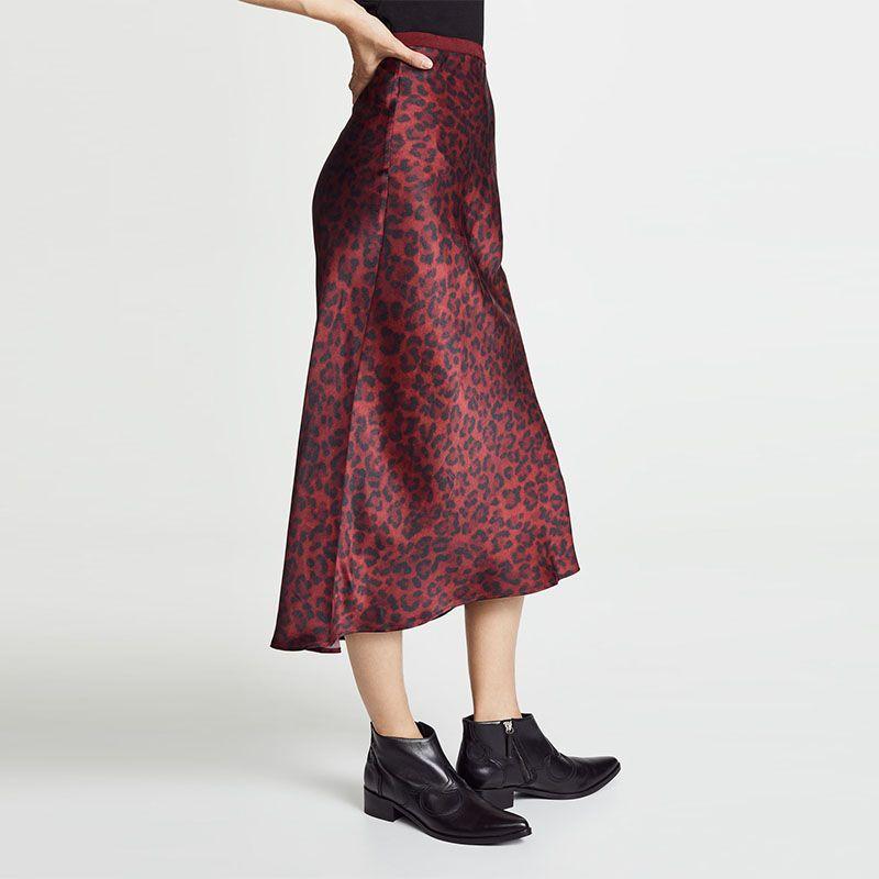2025 New Arrival European and American Star Style High Slimming A- line Skirt Leopard Pattern High Waist Satin Chiffon Skirt