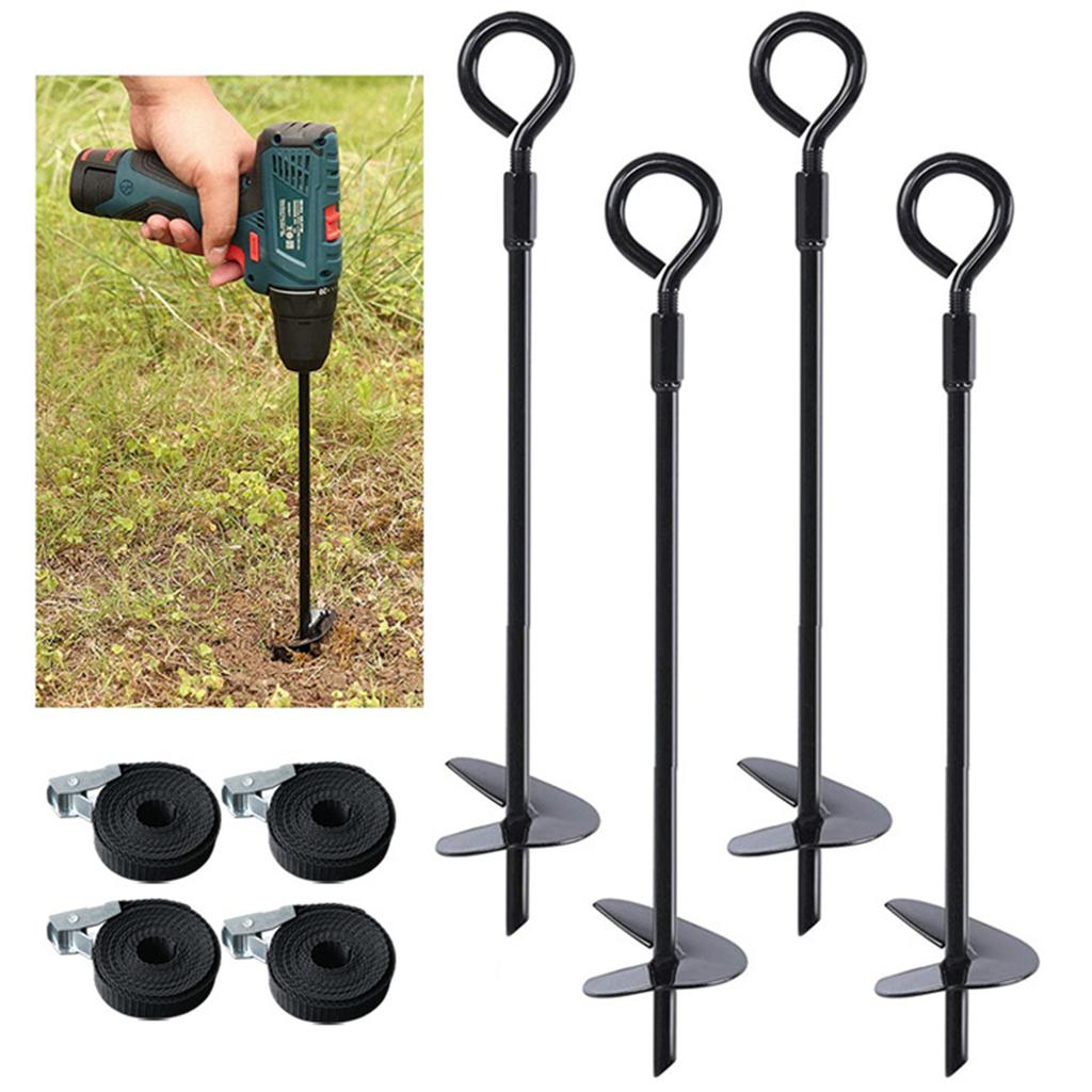 4Pcs Ground Anchors Set with Webbing Strap Set Earth Ground Anchors Heavy Duty for Tents Trampolines Slides Garden Sheds
