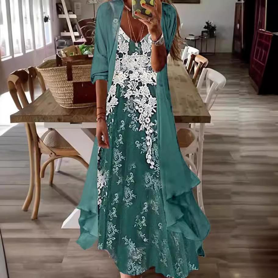 Women's Teal Lace Maxi Dress with Matching Cardigan for Casual Wear