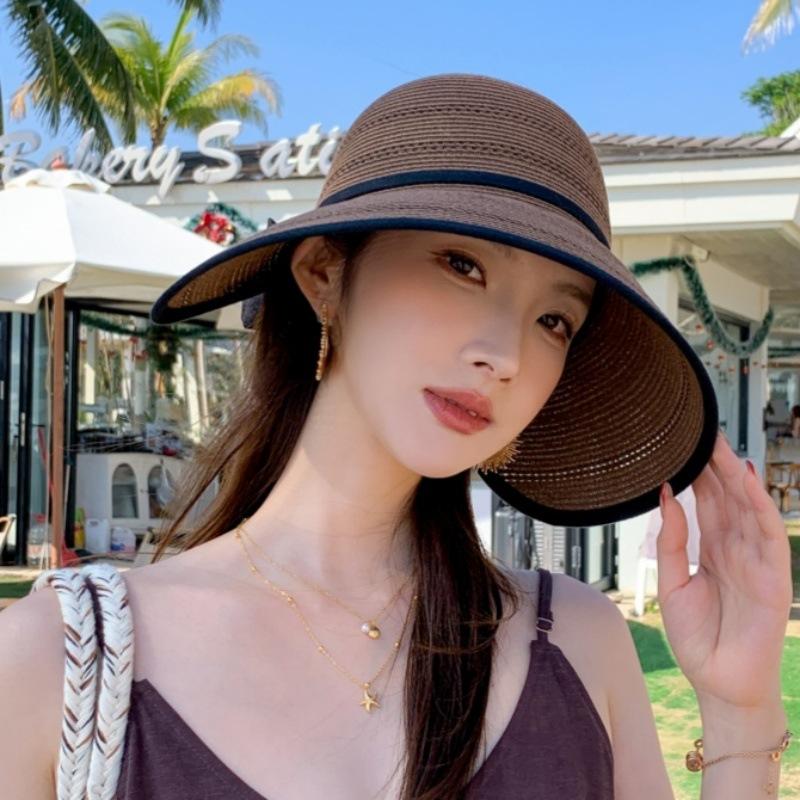 K-style large brim straw sun protection hat fashion empty top beach sun hat seaside travel easiest for match straw hat