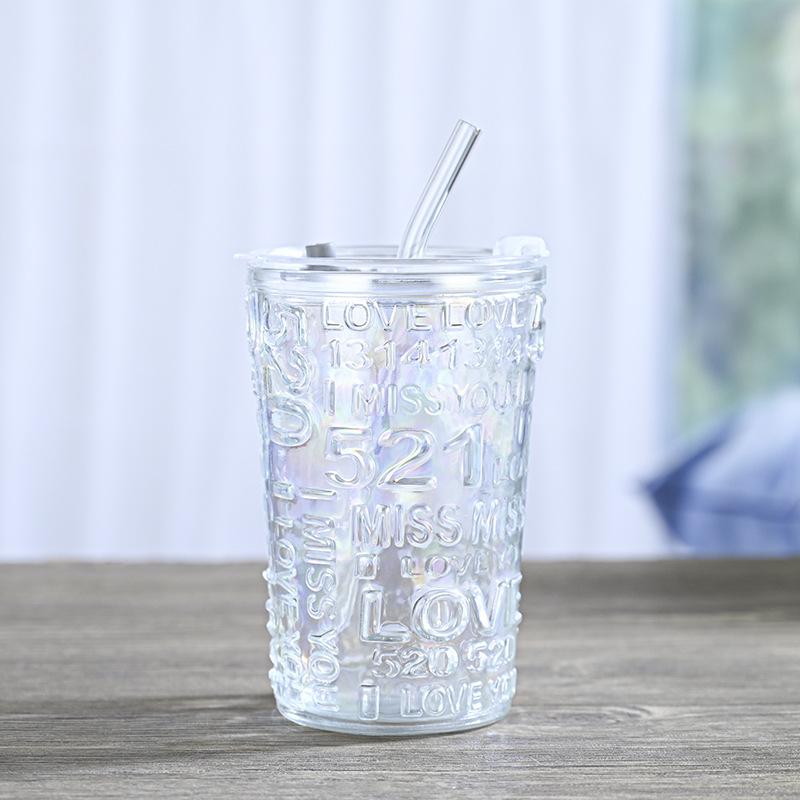 

Embossed Glass Cup, Heart-shaped Straw Cup, Office Cup, 480ml Double Drinking Coffee Cup, Household Cup with Lid, Drinking Water Cup About 480ml