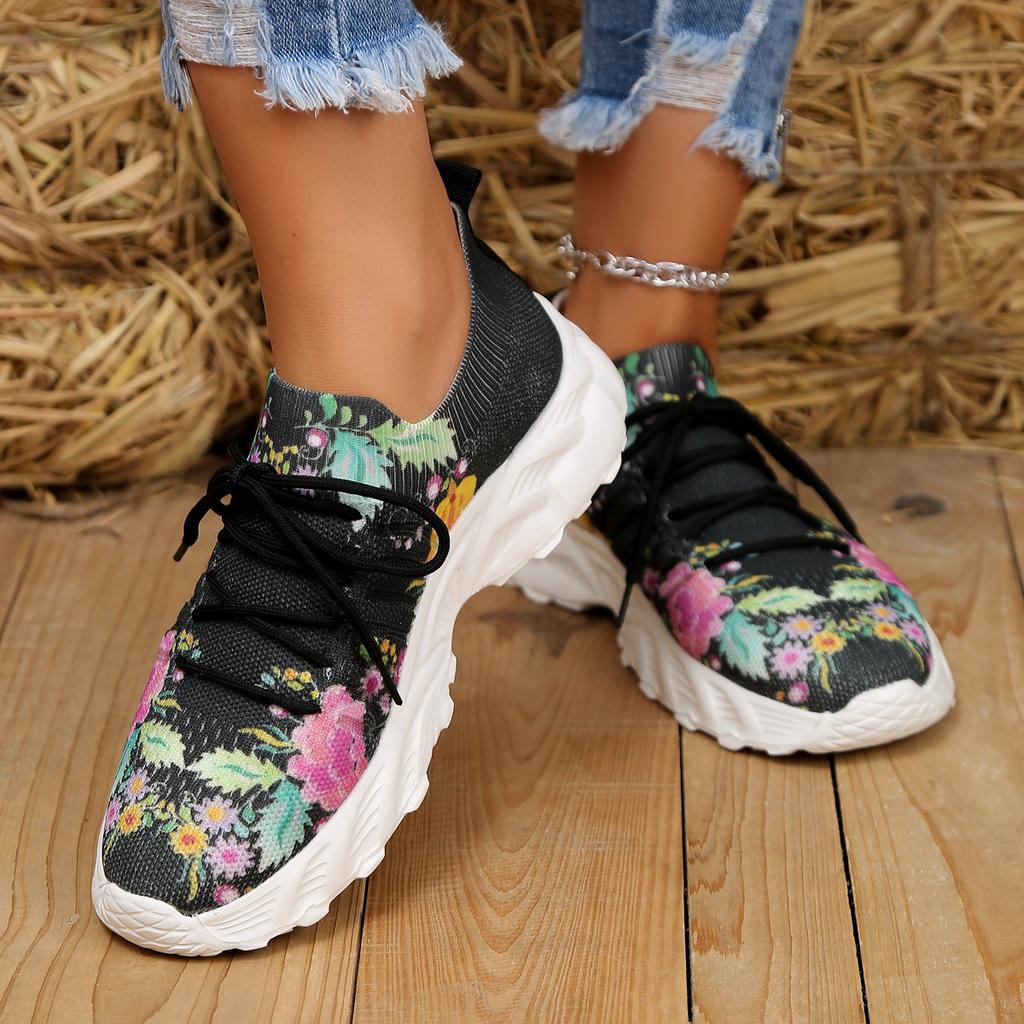 Fashion Women's 2024 New Fashion Mesh Plant Print Breathable Slip-on Casual Sneakers