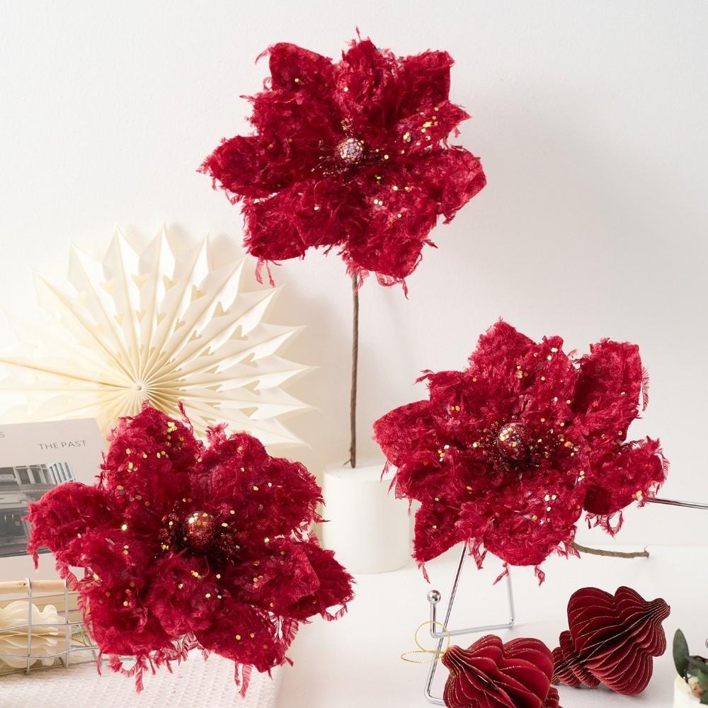 22CM Wine Red Artificial Poinsettia Flower Sequins Simulation Flowers  Christmas Decoration