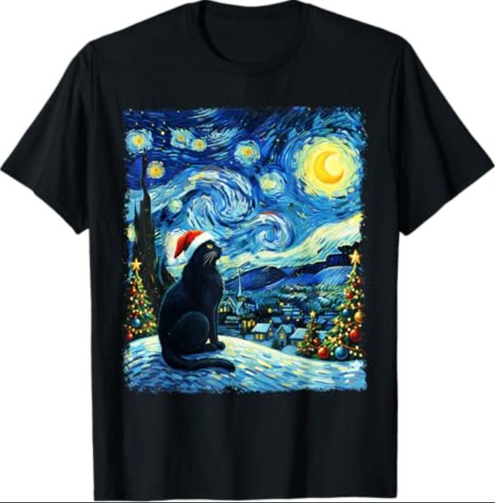 Black Cat Christmas Santa Hat Funny Meowy Cat Men Women T-Shirt S