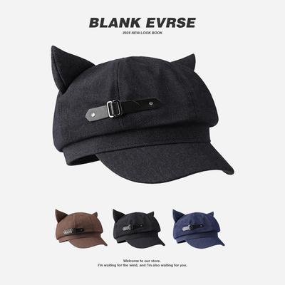 Cat Ears Cap Female Two-dimensional Subculture Otaku Beret Painter Hat Y2k Octagonal Hat