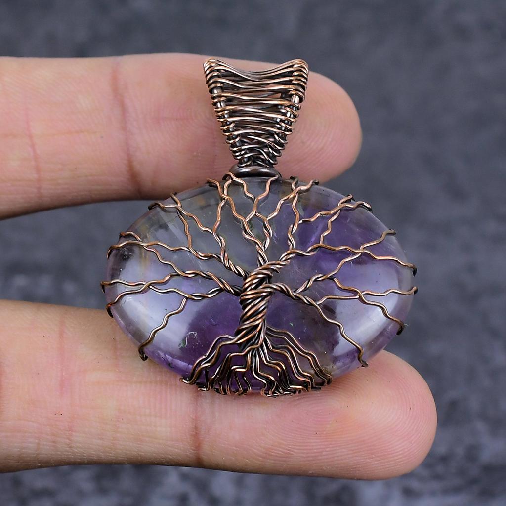 Natural Sage Amethyst Gemstone Copper Wire Wrap Jewelry Pendant 1.77" L1L73