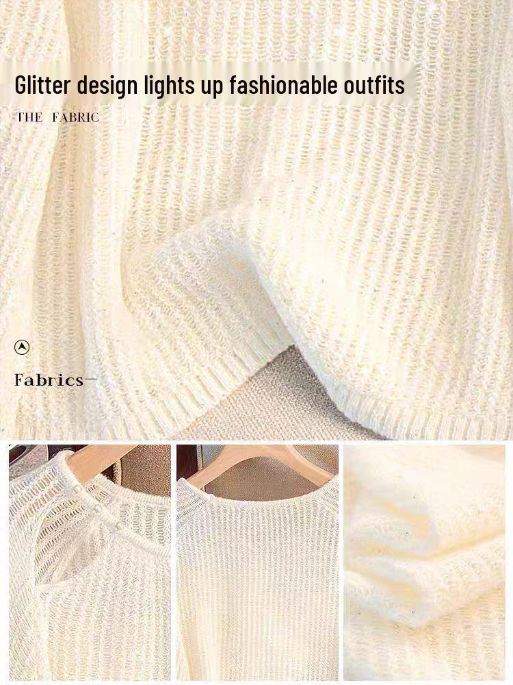 Sweet Openwork Round Neck Beaded Sunscreen Loose Knit Top for Women