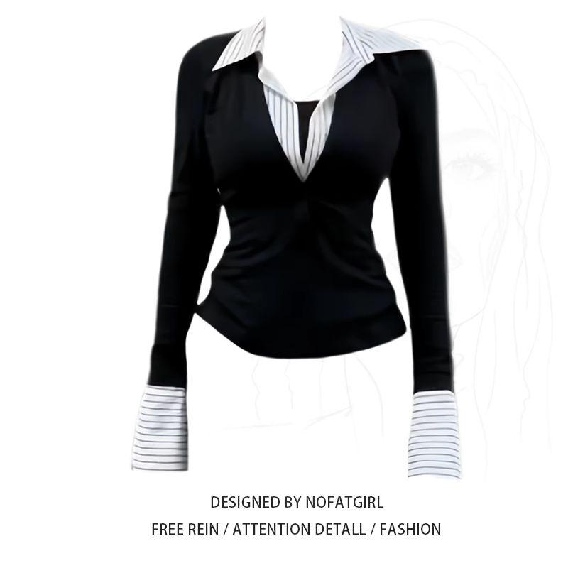 

Plus Size Women s Clothing Autumn and Winter Fashion All-Matching Fake Two-Piece V-neck Shirt Women s Casual Stylish Patchwork Inner Wear Blouse Black M [Suggested 40.00 kg-50.00 kg]]