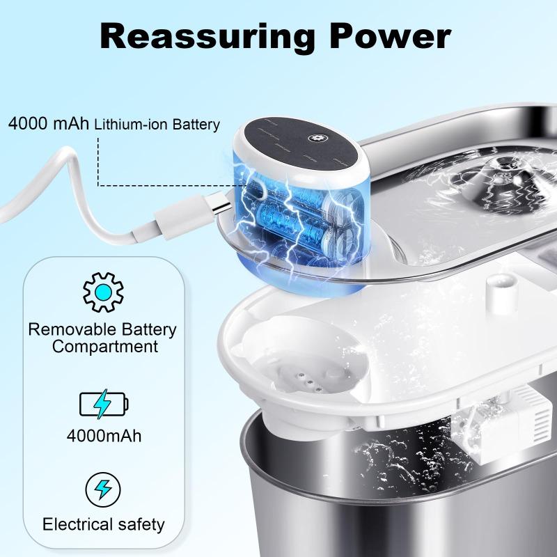 Fuente de Agua para Mascotas Inalámbrica de Acero Inoxidable, 3.0L, Operada por Batería Recargable para Gatos en Interiores con Sensor de Movimiento