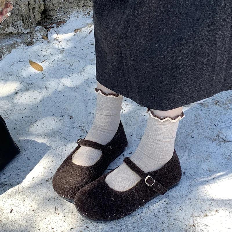Módní Zimní Teplé Fleecové Dámské Boty Mary Jane Módní Mělké Roztomilé Baleríny Pohodlné Venkovní Boty s Měkkou Podrážkou