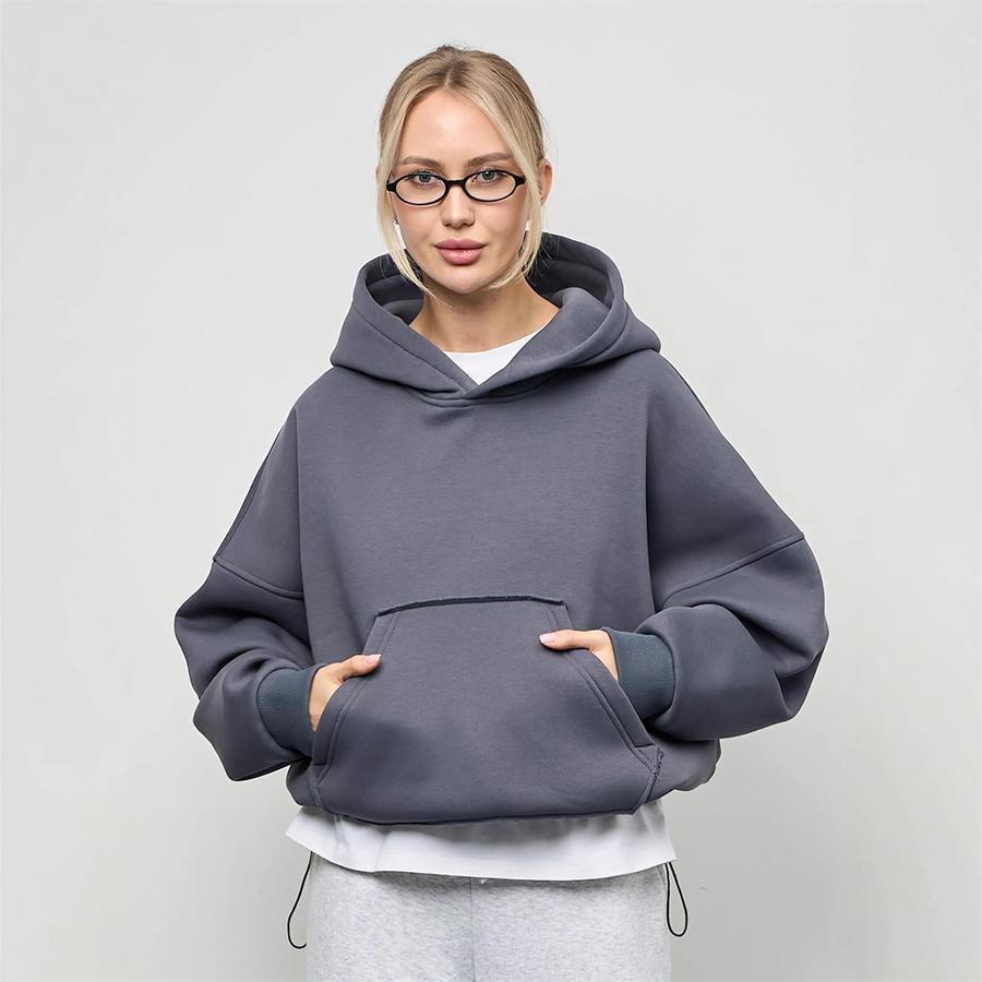Felpa da donna casual a tinta unita con cappuccio, vestibilità aderente, manica lunga, manica corta, pullover, felpa con cappuccio e tasca