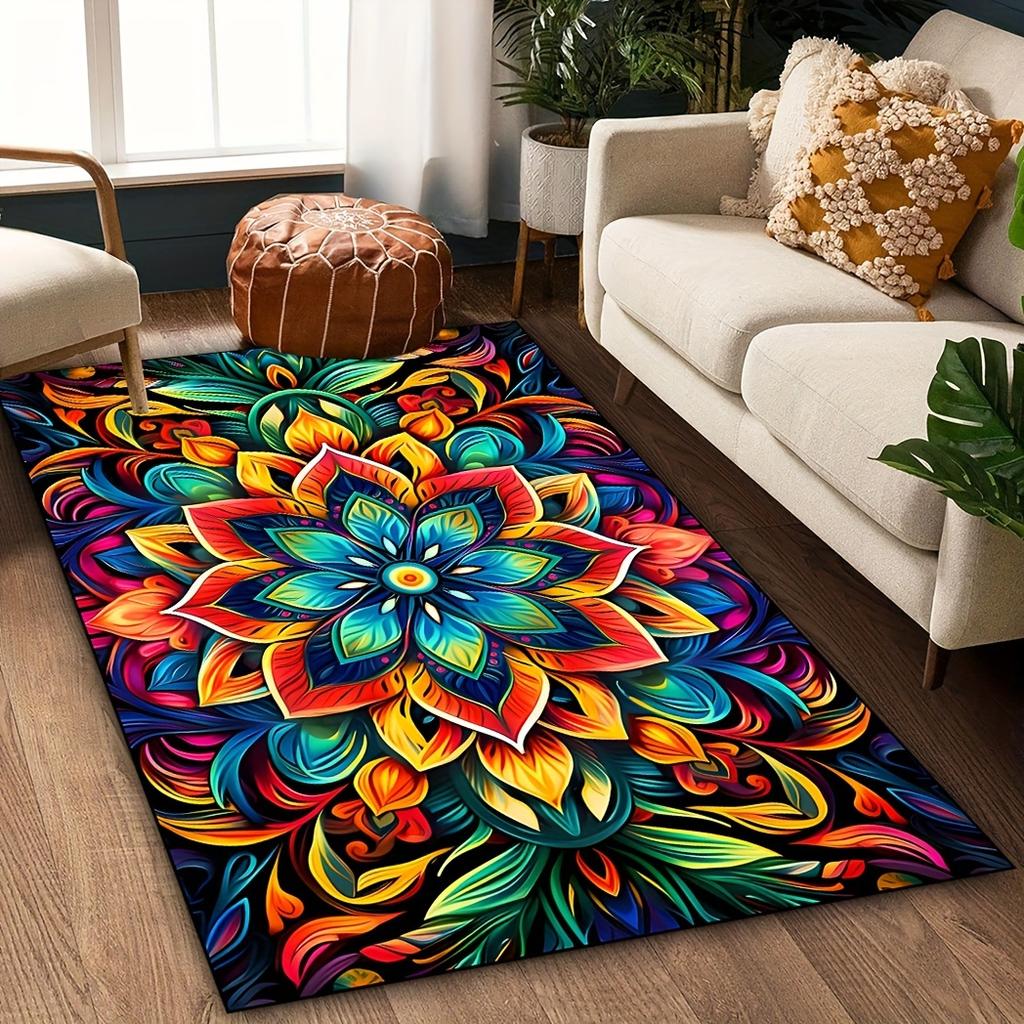 Vintage Mandala Flower Rug - Washable Polyester Indoor/Outdoor Mat, Non-Slip Bohemian Decor for Bedroom & Living Room