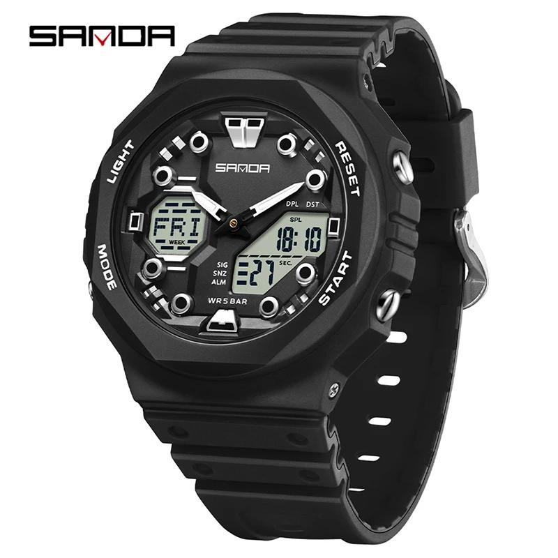 SANDA Military Men Sport Watch Stopwatch Alarm Countdown LED Light Digital Watches 50M Waterproof Dual-Display Quartz Wristwatch