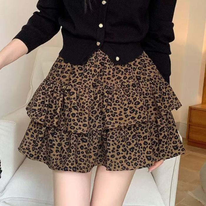 Women's High-Waisted Leopard Print A-Line Skirt - Double Layer, Slimming, Fluffy, Short, for Petite, Autumn/Winter 2025