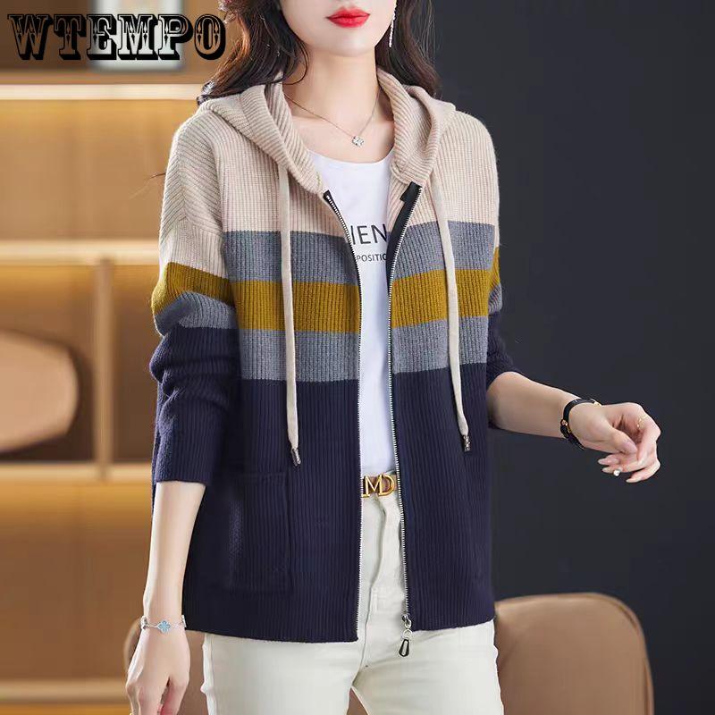 Hooded Striped Cardigan Women's Spring and Autumn Sweater Sweatshirt Casual Knitted Sweater Loose Knitted Cardigan