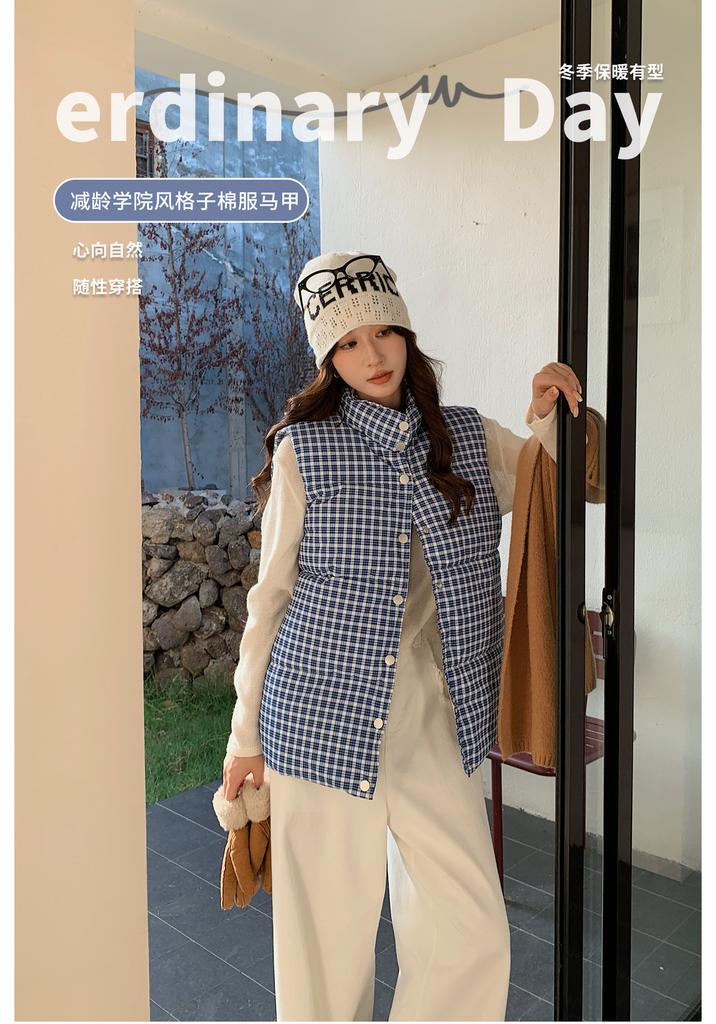 Stand-up collar plaid sleeveless cotton jacket vest jacket women's summer new stacked wear casual loose hidden buckle vest tide