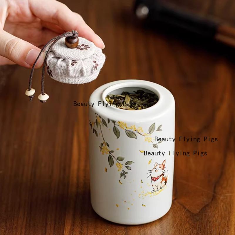 1pc Ceramic Osmanthus Cat Tea Jar Portable Moisture-proof Sealed Jar Pollen Jar Facial Mask Powder Can Tea Ceremony Accessories