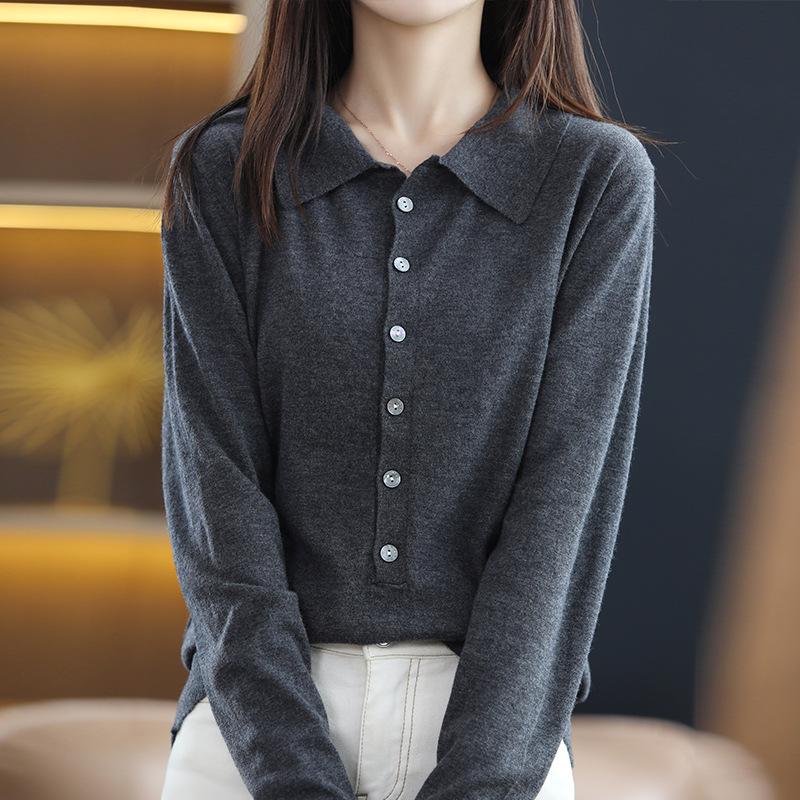Women's 100% Superfine Merino Wool Polo Collar Sweater - Lightweight, Loose Knit for Spring and Autumn