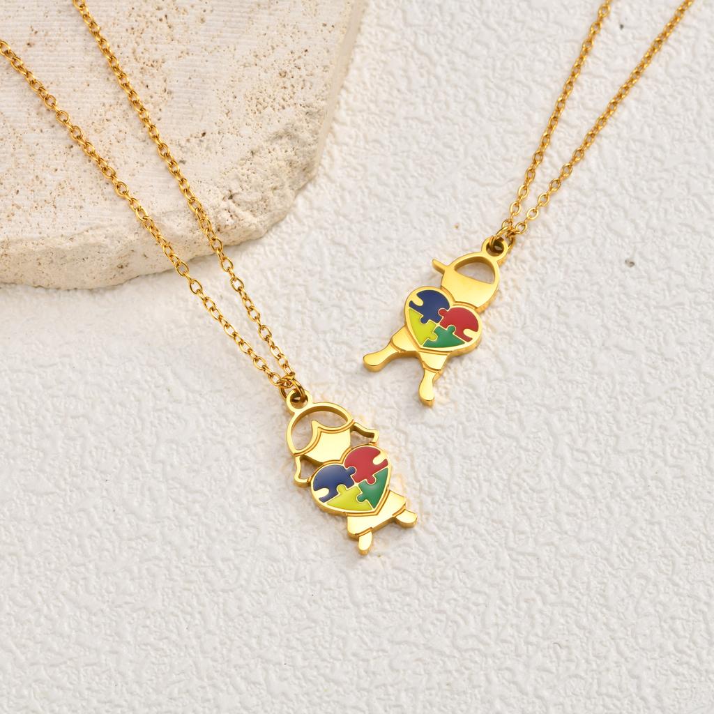 Stainless Steel Heart Puzzle Necklace for Autism Awareness, Gift for Autism Mom Teacher, Teens Girls Boys Jewelry