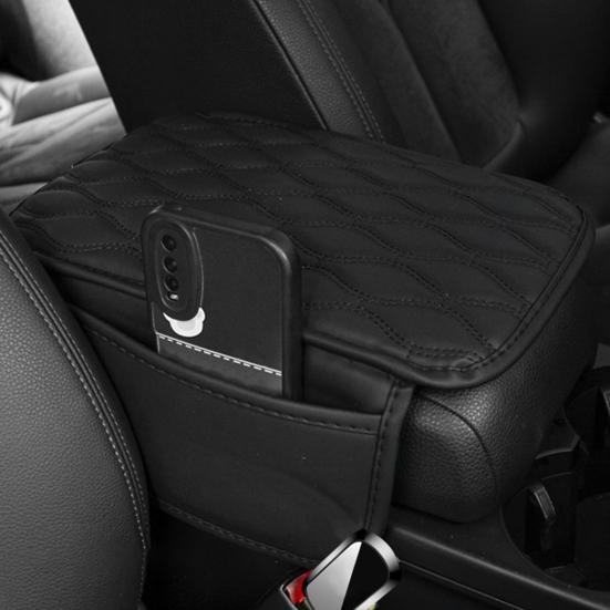 Car Armrest Cushion Center Console Protector Pad with Storage Pocket Faux Leather Heightening Armrest Pillow for Most Cars