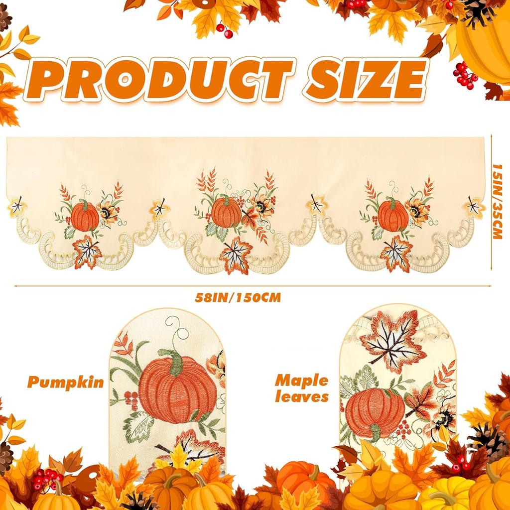 Fall Kitchen Thanksgiving Curta Valances 58 x 15 Inch Autumn Window Treatment Valance Embroidered Pumpk Maple for Living Room Bedroom Bathroom Decor