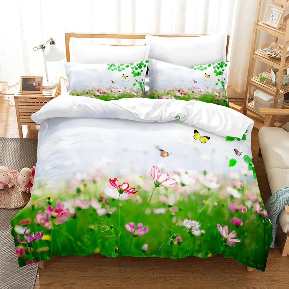 Pale Pink Duvet Cover Set Sakura Branch With Cherry Flowers Tender Japanese Spring Decorative Bedding Set King Size Green