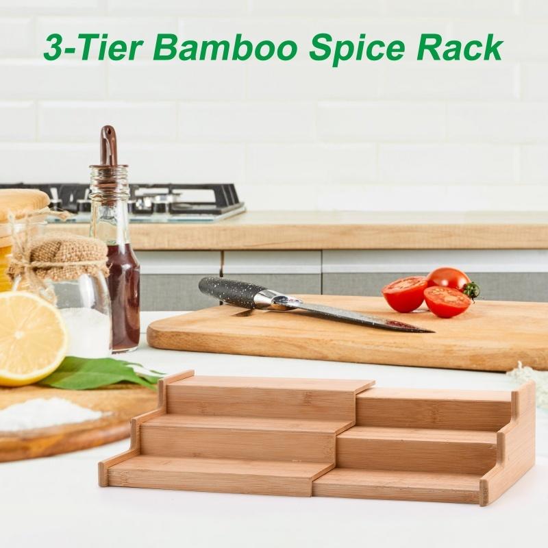 Μέγεθος συσκευασίας κουτιού 23*24*9,5cm μπαμπού 3 επιπέδων ρυθμιζόμενη ραφιέρα αποθήκευσης για μπαχαρικά