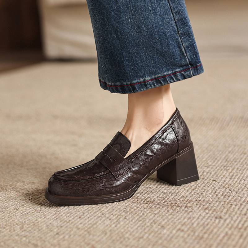 Krazing Pot Sheepskin Round Toe Thick Med Heels Spring Shoes Slip On Big Size 42 Loafers Women Platform Pumps