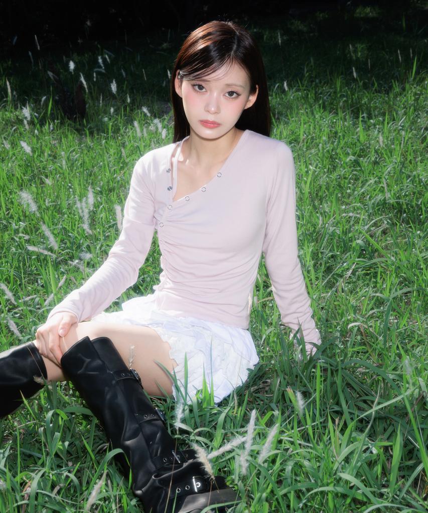 ROSEFRANTZ Unbalanced Shirring Long Sleeve [Pink]