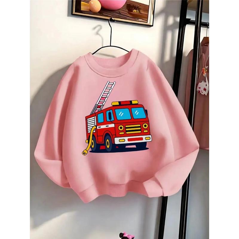 European sizes Fire Truck Ladder Hose Girls' Fashionable Crewneck Sweatshirt, Western Top, Children's Long Sleeved Casual Tee