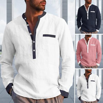 Men Fall Spring Shirt Color Matching Henley Collar Slim Fit Pullover Long Sleeve Casual Soft Mid Length Commute Daily T-shirt Top
