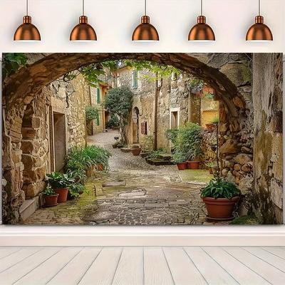 Mediterranean Alley Tapestry Stone Village Art Wall Hanging Rustic Home Decor Free Hooks Included Simple Installation