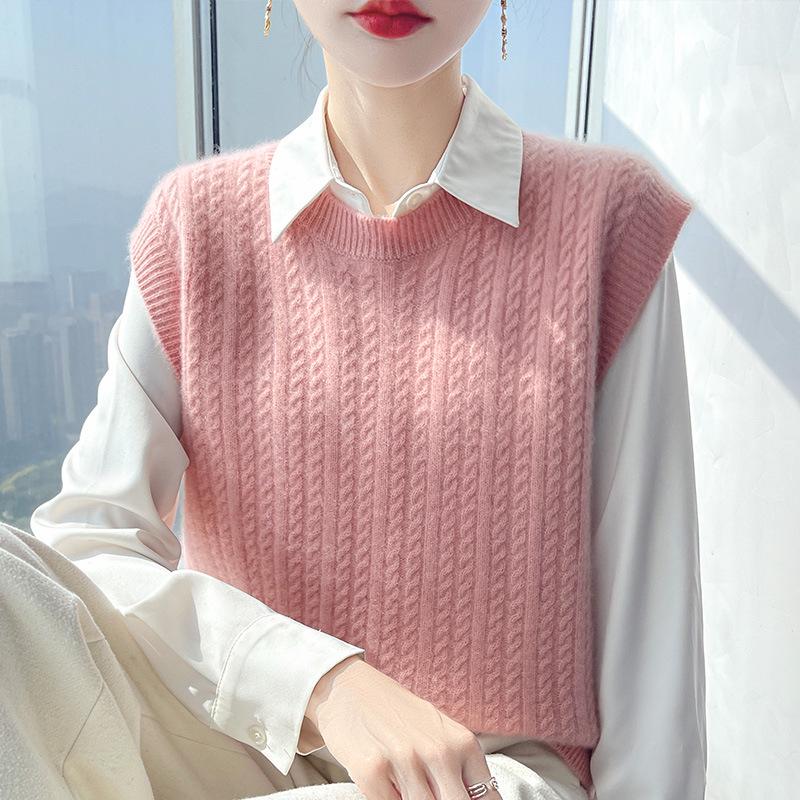 Dámská zesílená vlněná pletená vesta s copánkovým vzorem - Bez rukávů, pulovr s kulatým výstřihem na podzim/zimu