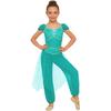 Girls Belly Dance Costume Arabian Princess Rompers Sequined Waist Tulle Overlay Jumpsuit Contrast Color Rhinestone Decor
